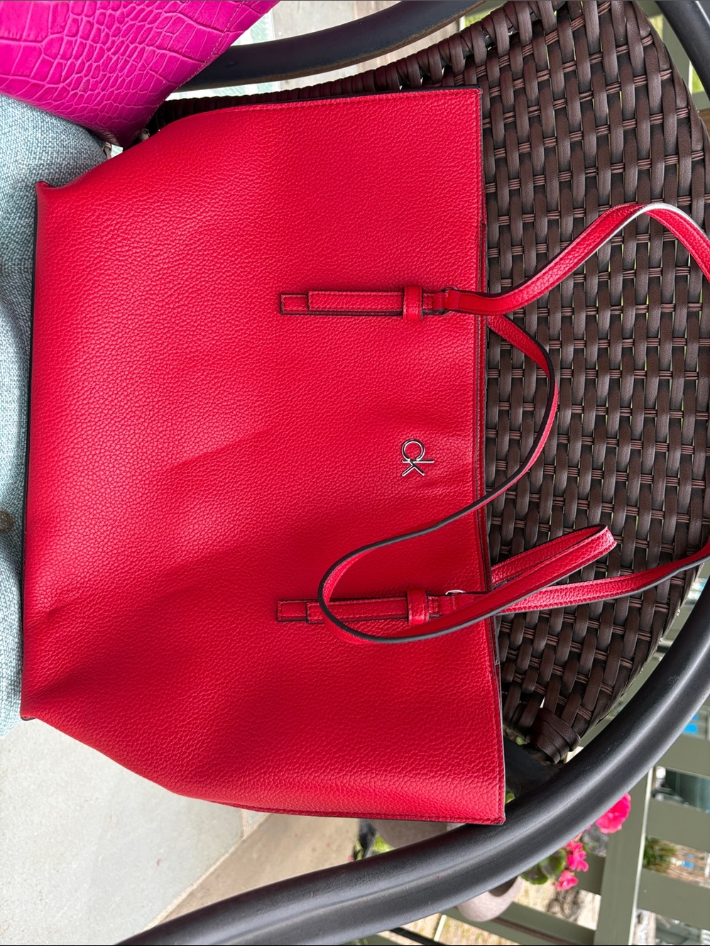 Large Calvin Klein Red Imitation Leather Tote with Small Metallic Logo